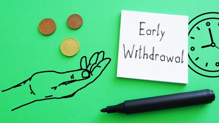 illustration of hand with coins, clock, "early withdrawal" note