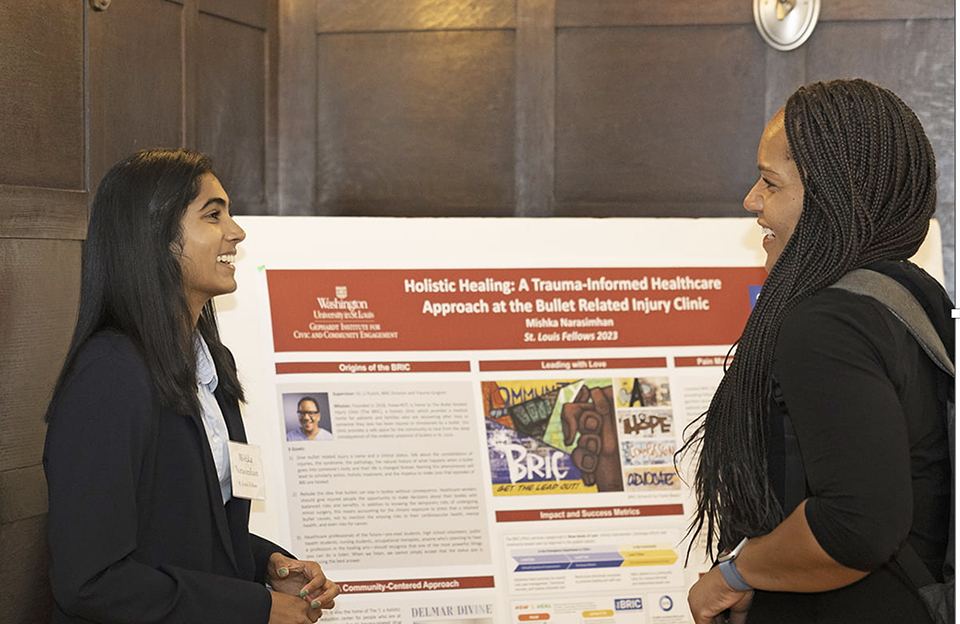 Mishka Narasimhan (left), AB ’24, was a Goldman Fellow in 2023 at the Bullet Related Injury Clinic (BRIC), a holistic community care center founded by LJ Punch, MD. “It’s unconventional for a pre-med not to work in research, but I wanted to get my boots on the ground in a community health-care setting,” says Narasimhan, who studied biology and biomedical data science in Arts & Sciences, “Dr. Punch’s focus is about more than treating illness, it’s about healing the individual, including wound care, which I did, as well as mental health services, spiritual care, physical function services. And every person there taught me so much.” They learned a lot from Narasimhan too. The BRIC hired Narasimhan to work as a clinical assistant and a data analyst. “I get to help the BRIC expand, and I get to stay in St. Louis a little longer,” Narasimhan says. “That feels pretty great.” (Courtesy photo)