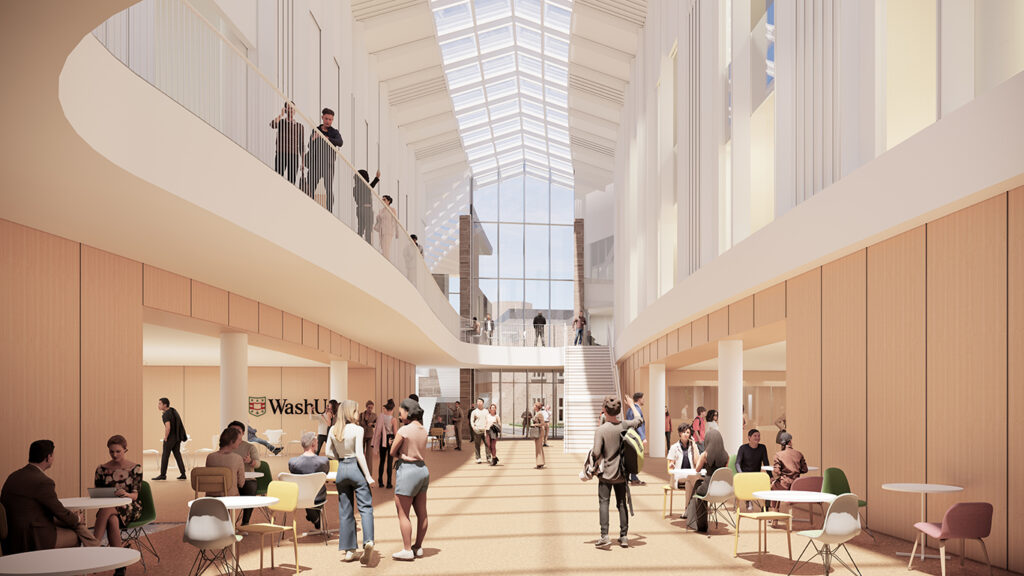 Rendering of main street going through center of new Arts & Sciences building