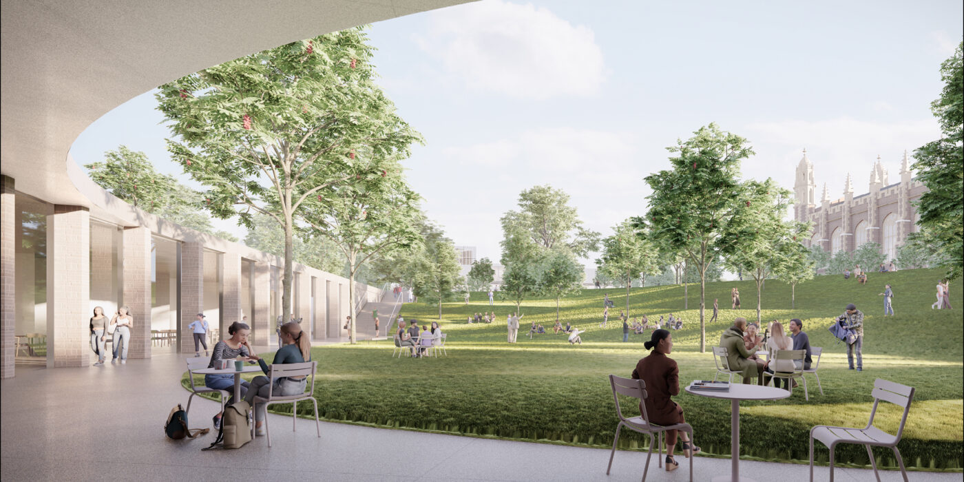 rendering of garden level view in new Arts & Sciences building