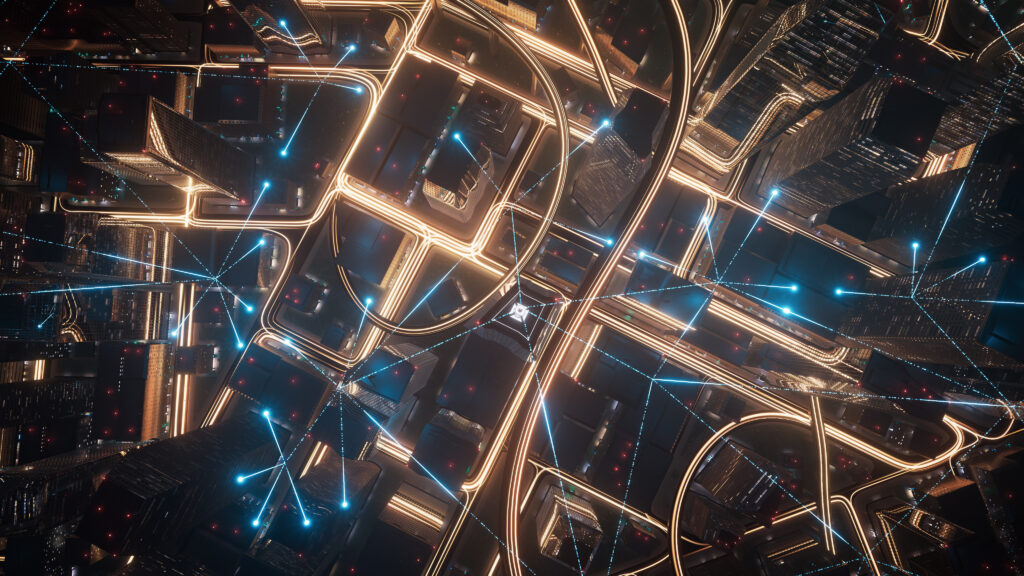 network connections as illustrated by a lit up street scape