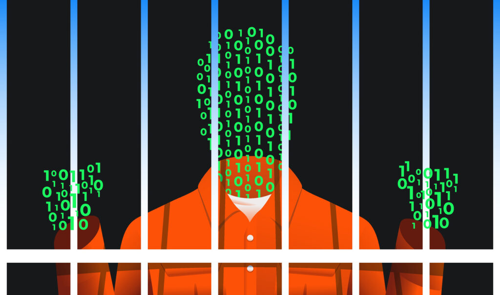 an illustratio of ones and zeros shaped like a human in a jail cell