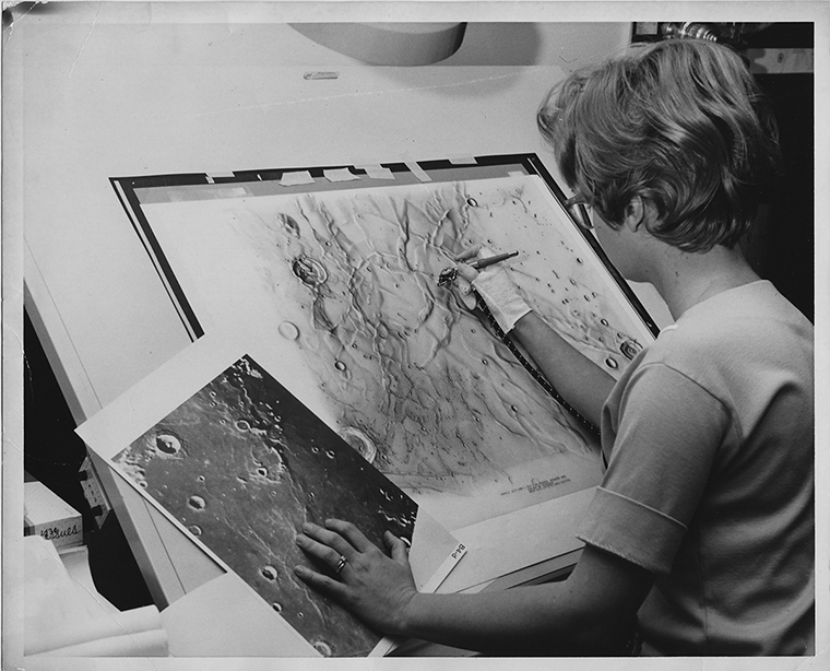 Just six years from a WashU fine arts degree, Patricia Bridges became a central figure in creating a technique that filled in ridges, craters and other features on maps of the Moon’s surface. (Photo: Courtesy Lowell ­Observatory)