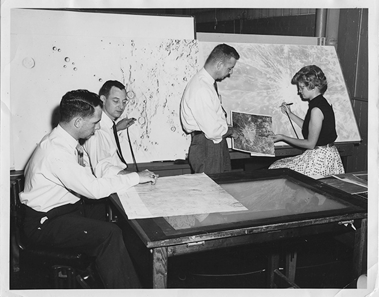 In the early 1960s, Patricia Bridges (right) was lead illustrator on a team of the Aeronautical Chart and Information Center tasked by the U.S. Air Force to create detailed maps of the Moon for NASA. (Photo: Courtesy Lowell Observatory)