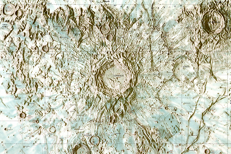 The first map Bridges drew for the ACIC was a ­detailed look at the Moon’s most visible feature, the Copernicus Crater.