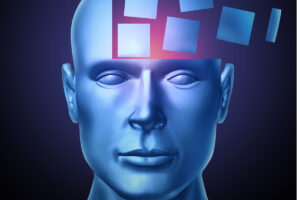 an image of a human head breaking into square segments