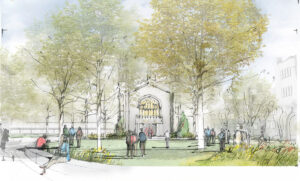 rendering of portion of redesigned Mudd Field near Graham Chapel