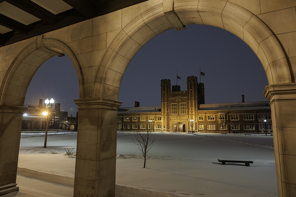 Snow at nighttime on the Danforth Campus