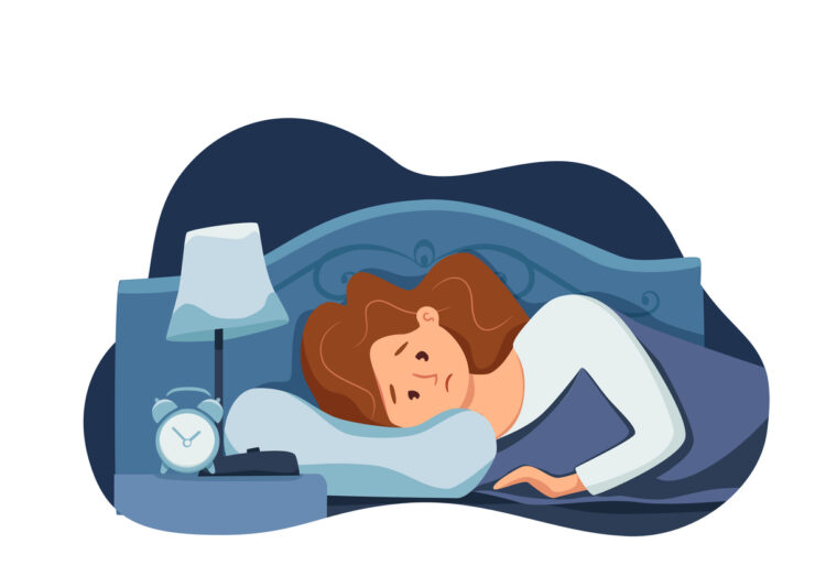 An illustration of a woman lying on a pillow, eyes open, unable to sleep