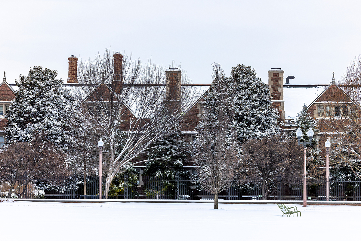 a snowy scene on the Danforth Campus