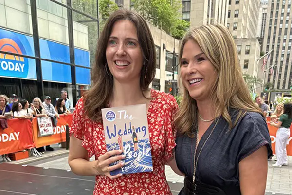 Jenna Bush Hager of the "Today" show chose "The Wedding People" as her summer book club selection in 2024. Here, Espach promotes her book and poses outside the studio with Hager following the announcement. (Photo courtesy of Alison Espach)