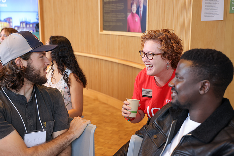 Dorian Traube, the Neidorff Family and Centene Corporation Dean of the Brown School, meets with students during orientation in August 2024.