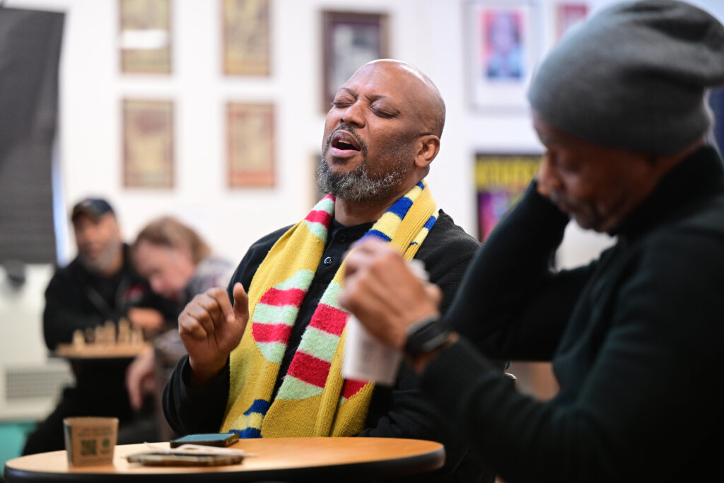 Duane Foster rehearsing for the role of Eddie in Melda Beaty's <i>Coconut Cake</i>. The Black Rep is currently presenting the show in WashU's A.E. Hotchner Studio Theatre through March 2. (Photo: Danny Reise/WashU)