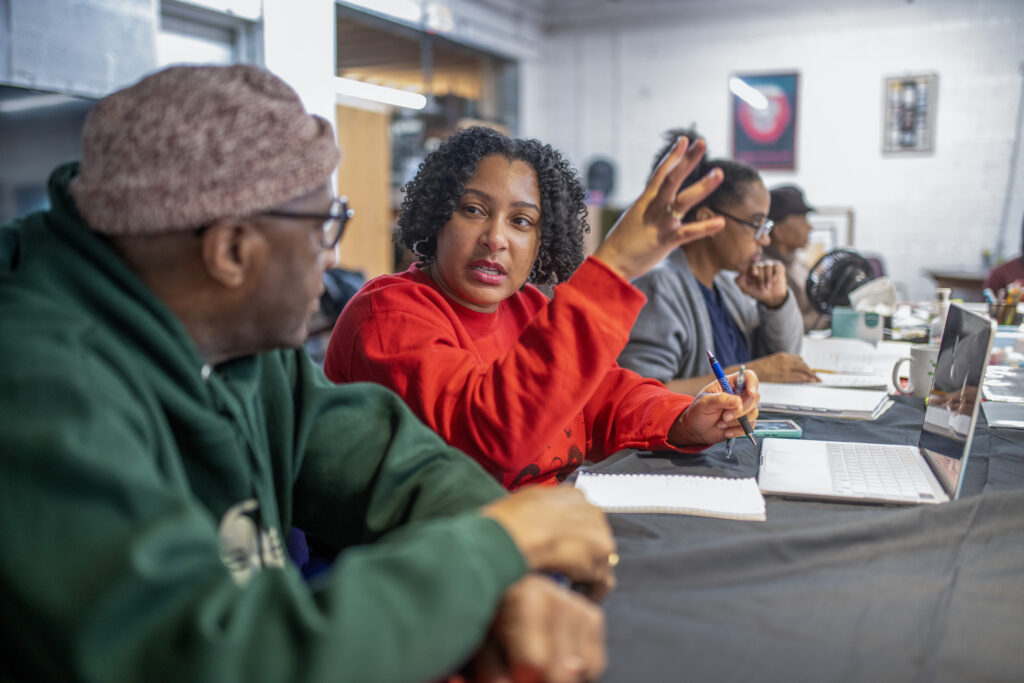 Ron Himes and playwright Kelundra Smith discuss <i>The Wash,</i> which The Black Rep will present in March. (Photo: Danny Reise/WashU)