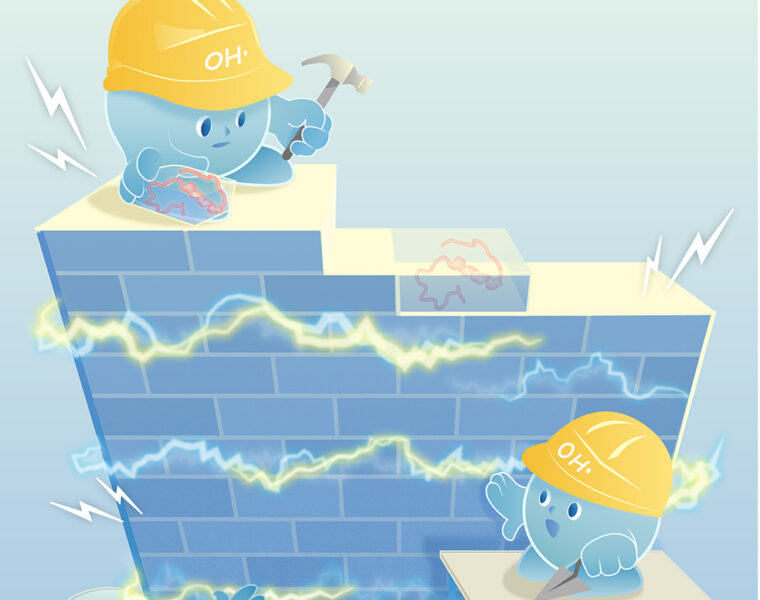 a cartoon of constructions workers on a wall of nanoscale scaffolding, with electric field surrounding it