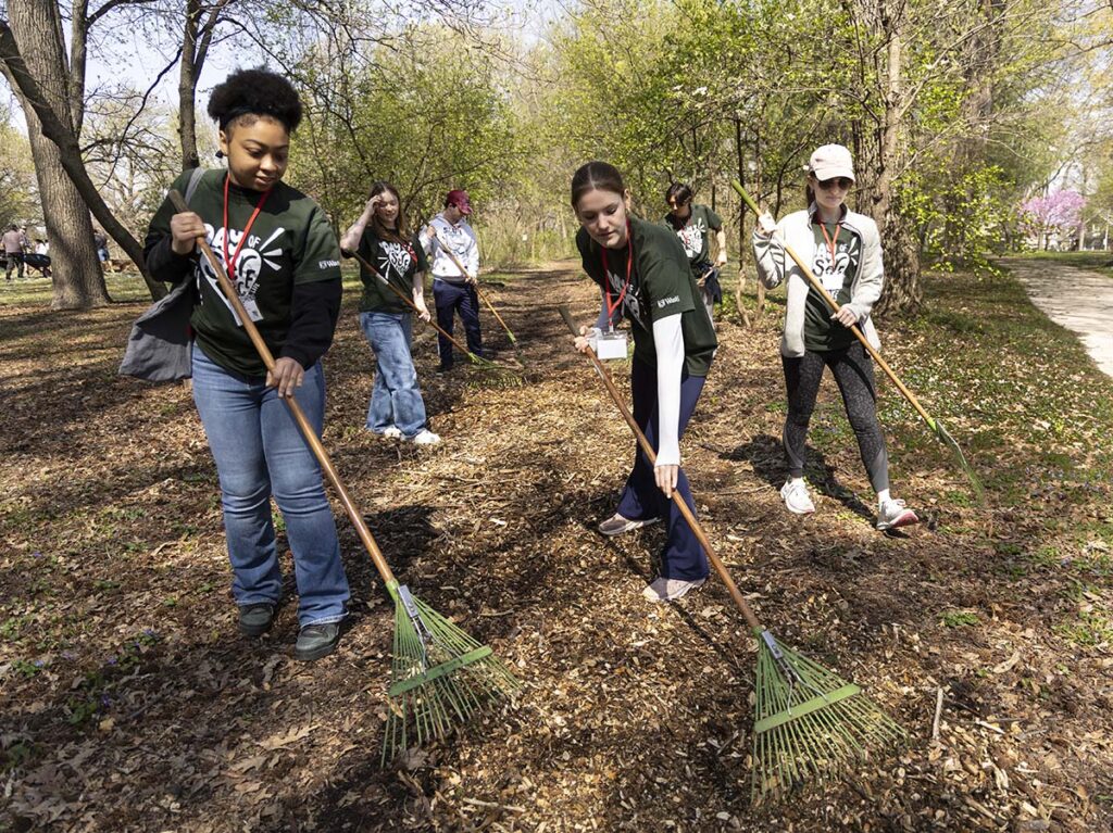 Students raking