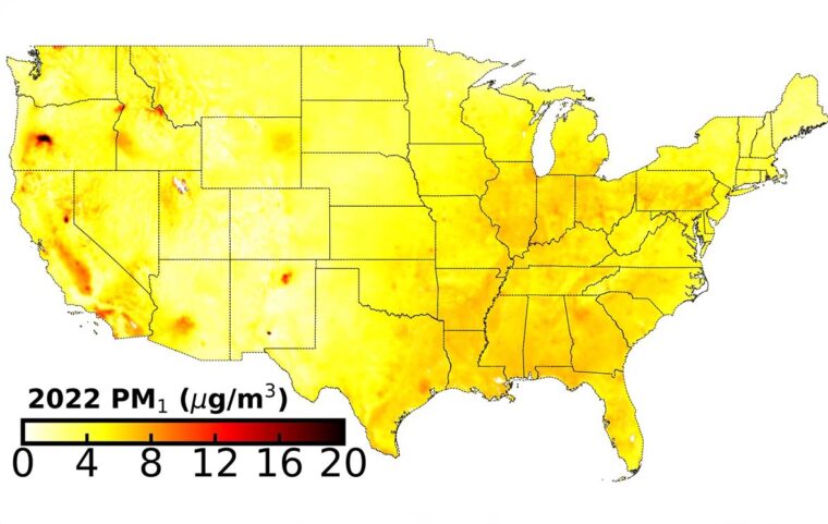a map of pm 1 particle concentration of the United States
