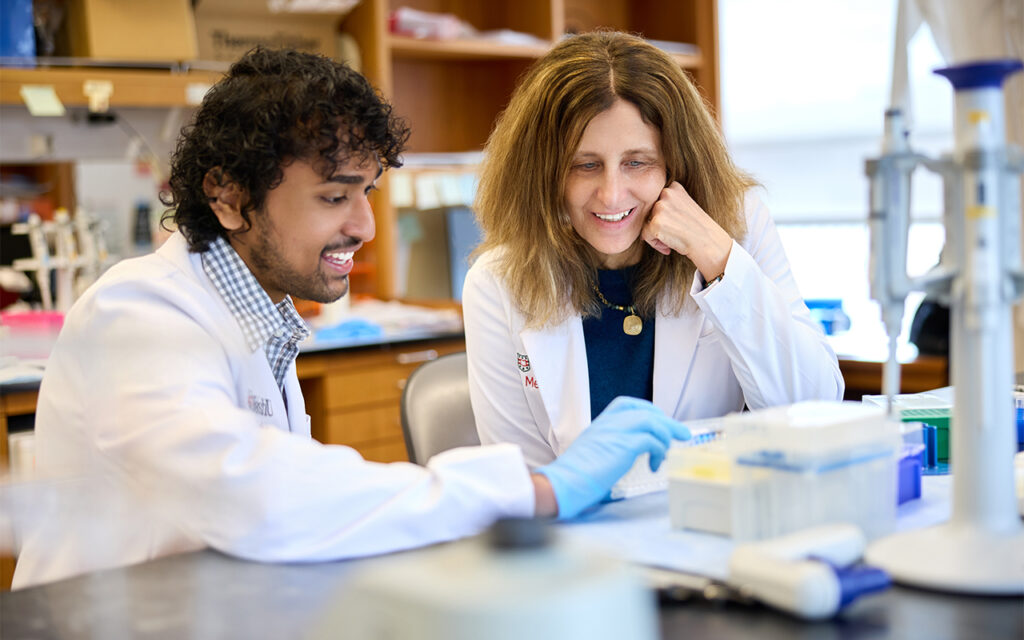 In her lab at the McDonnell Pediatric Research Building, Jennifer Philips, MD, PhD (right), co-director of WashU Medicine's Division of Infectious Diseases, works with Sharvath Kathi, a graduate student in the Division of Biology & Biomedical Sciences. (Matt Miller/WashU Medicine)