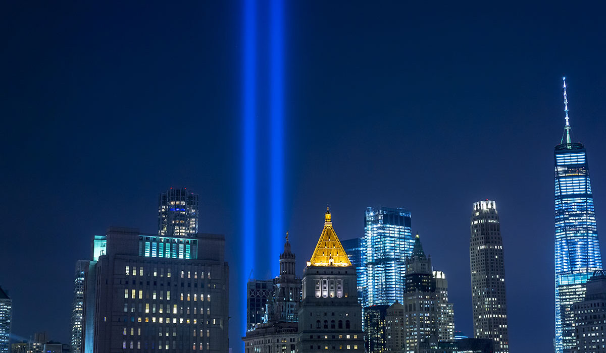 two beams of light representing the two world trade towers