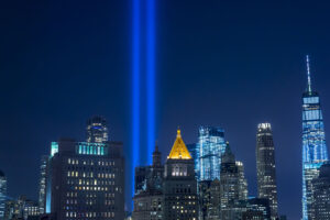 two beams of light representing the two world trade towers
