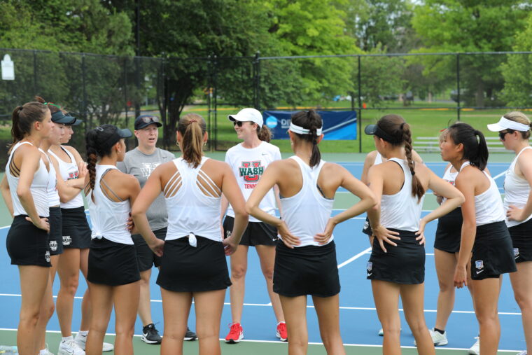 WashU Tennis coach Paige Madara with team.