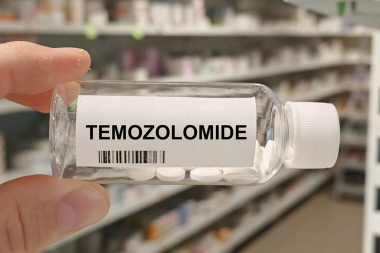 a medicine bottle labeled temozolomide