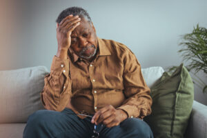 an older black man looking stressed out