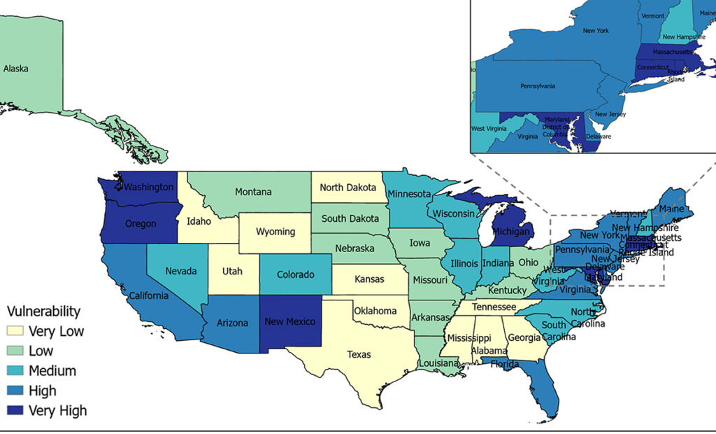 a map of the united states with blue shaded regions at higher risk for flu
