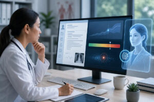 a woman looking at her AI copy