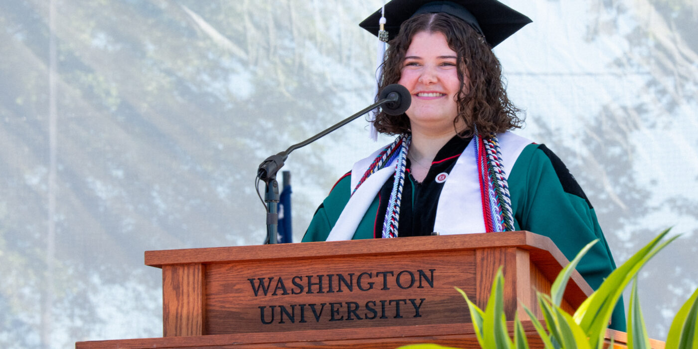 Mia Kouveliotes, AB '26, speaks at the 2026 Arts & Sciences Recognition Ceremony, May 14