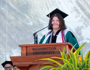 Mia Kouveliotes, AB ‘26, speaks at the 2026 Arts & Sciences Recognition Ceremony, May 14