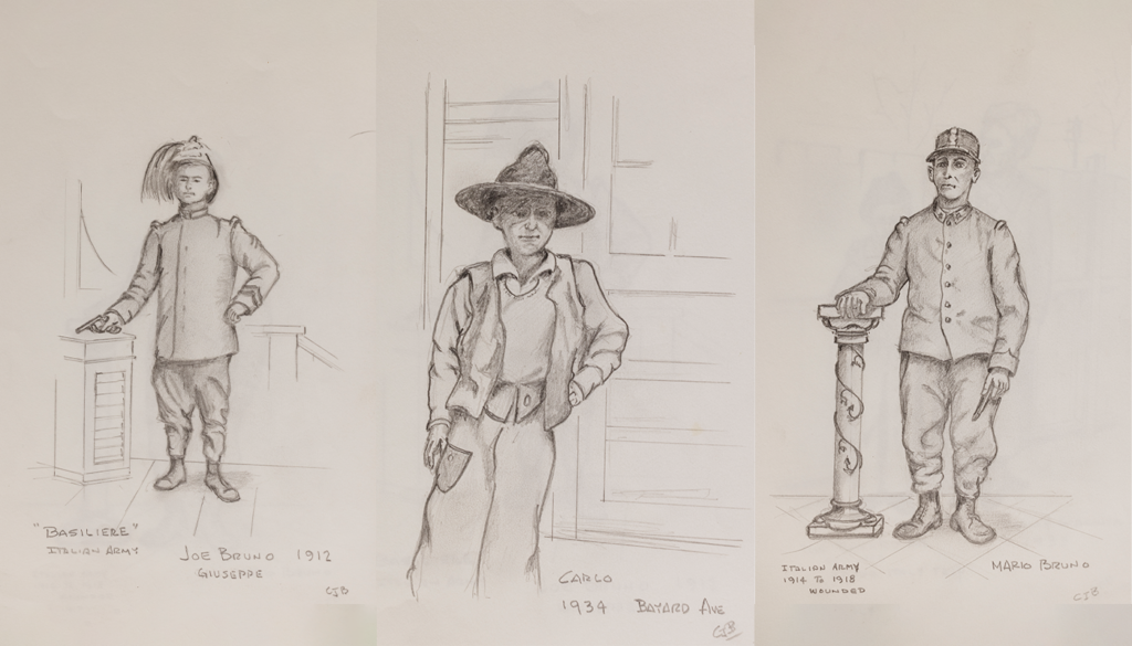 Bruno's memories come alive through his drawings, like these of his family in Italy from 1912 through 1934. They are among his earliest memories.