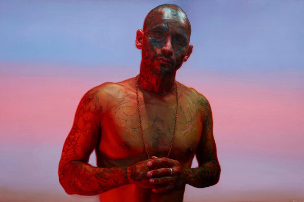Painting of a man before colored background.