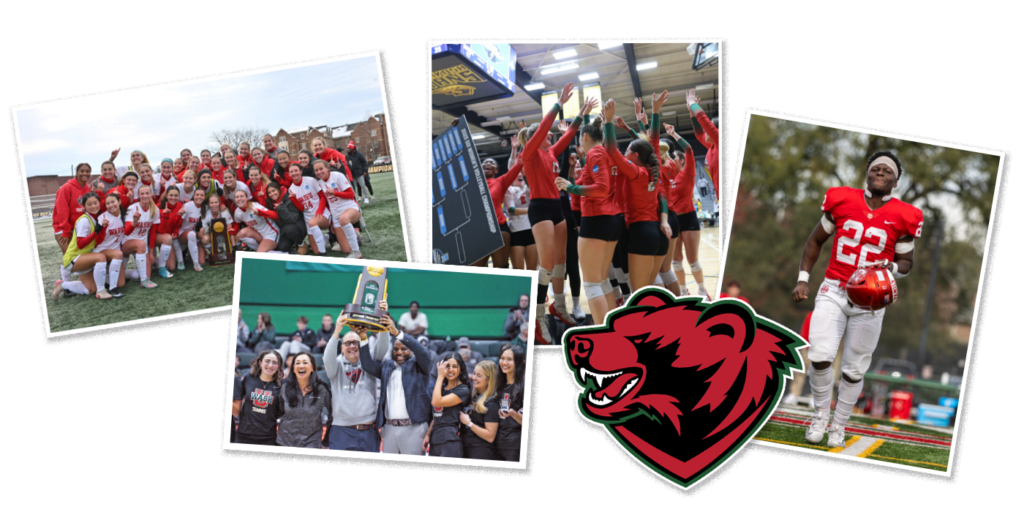 WashU athletic teams provided plenty of opportunities to celebrate last season. Photo credits, from left: Brian Bishop (women’s soccer); WashU Athletics (trophy celebration); Steve Frommell (volleyball); and Michah H. Manuel (football).